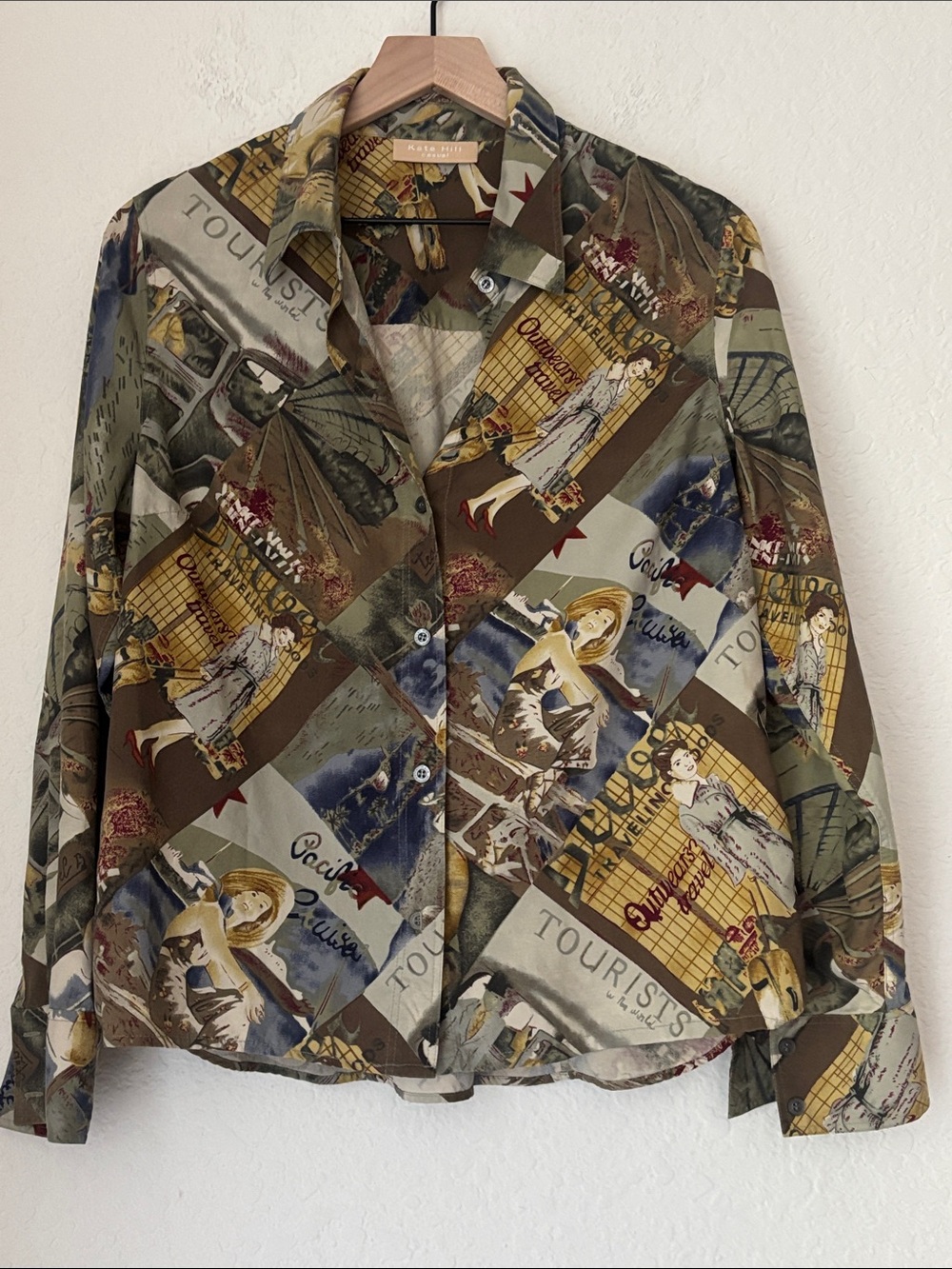 VIntage silk Kate Hill Multicolor Vintage Travel Print silk blouse size M/L